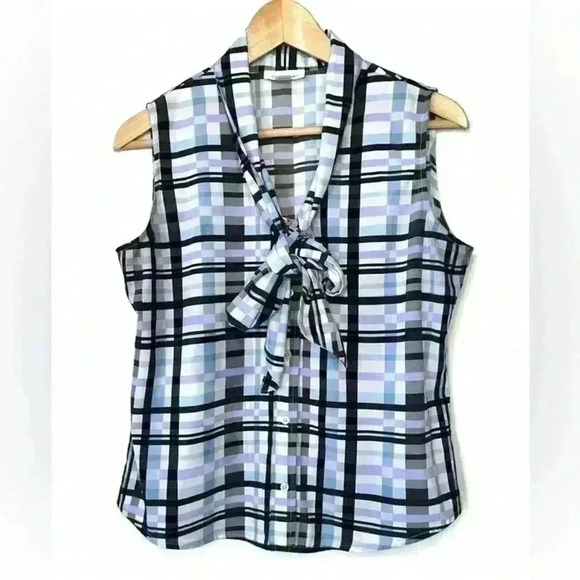Calvin Klein Women’s Blue Purple Plaid  Sleeveless Button Blouse Bow Tie Small - Picture 1 of 12